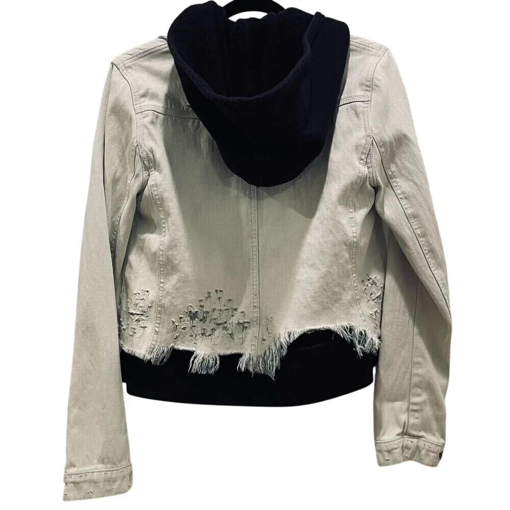 Free People Double Weave Denim Jacket‎ Hoodie Distressed Layered Boho Small - Picture 6 of 9